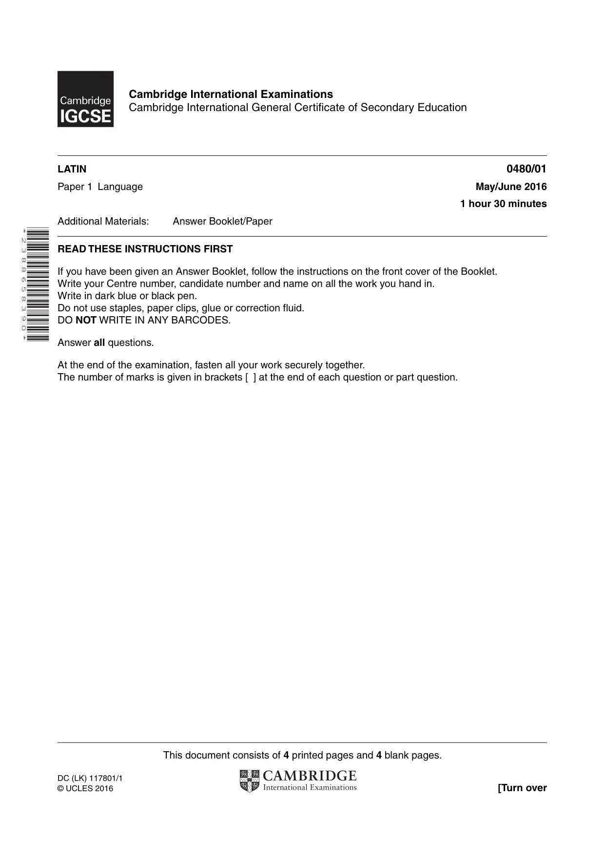 Cambridge IGCSE Latin 0480 2016 May/June Paper 1 · Variant 0 question paper, page 1 of 8