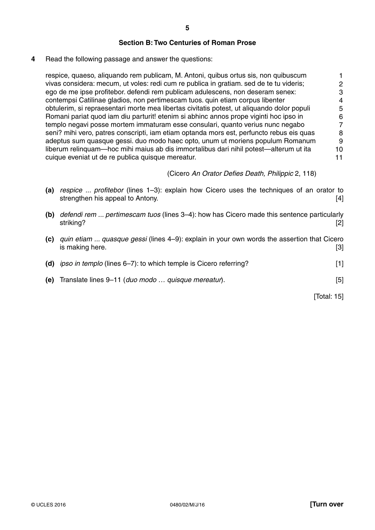 Cambridge IGCSE Latin 0480 2016 May/June Paper 2 · Variant 0 question paper, page 5 of 8