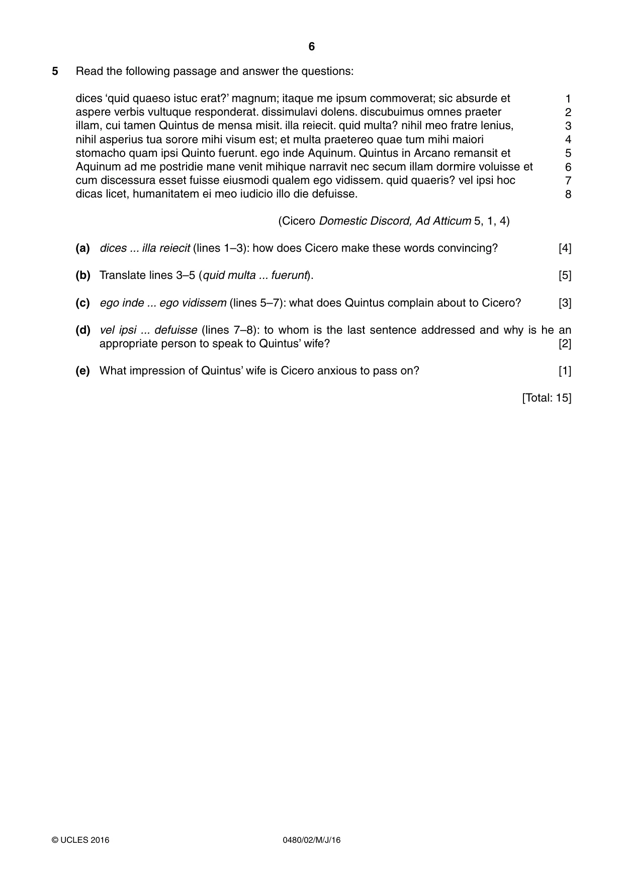 Cambridge IGCSE Latin 0480 2016 May/June Paper 2 · Variant 0 question paper, page 6 of 8