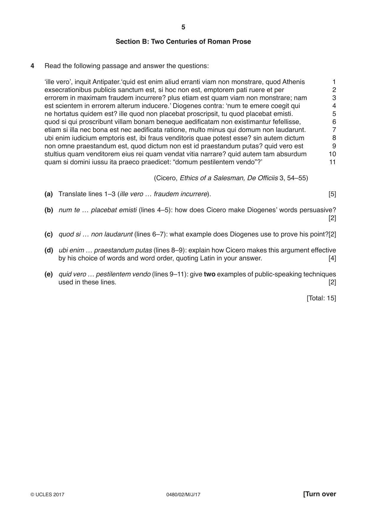 Cambridge IGCSE Latin 0480 2017 May/June Paper 2 · Variant 1 question paper, page 5 of 8