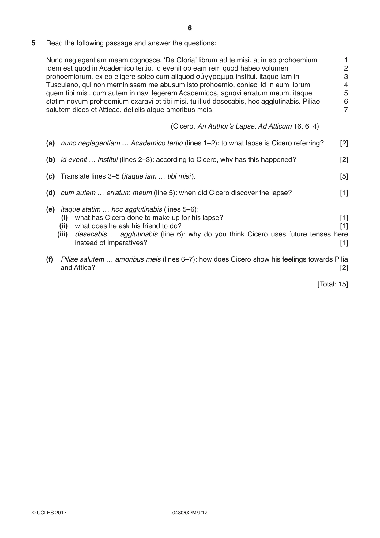Cambridge IGCSE Latin 0480 2017 May/June Paper 2 · Variant 1 question paper, page 6 of 8