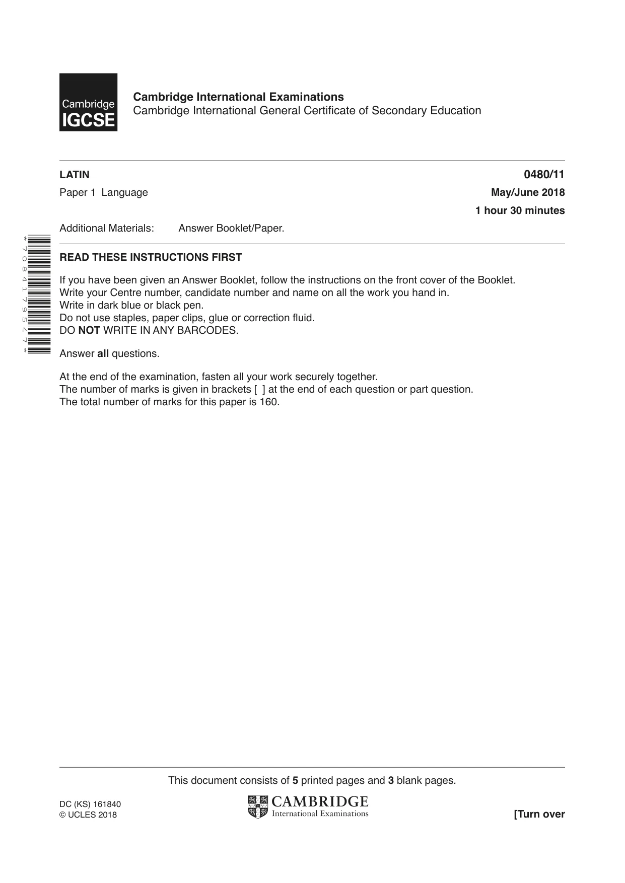 Cambridge IGCSE Latin 0480 2018 May/June Paper 1 · Variant 1 question paper, page 1 of 8
