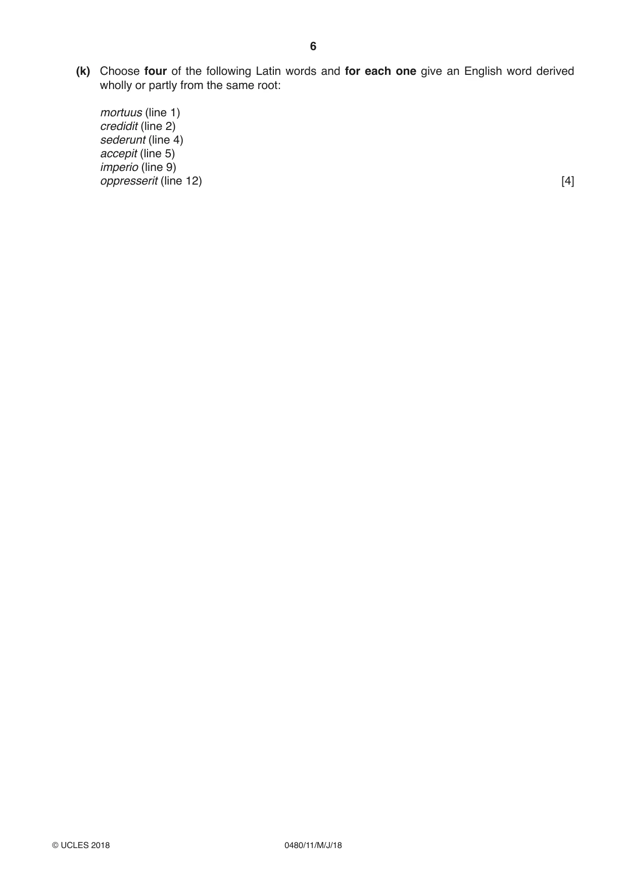 Cambridge IGCSE Latin 0480 2018 May/June Paper 1 · Variant 1 question paper, page 6 of 8