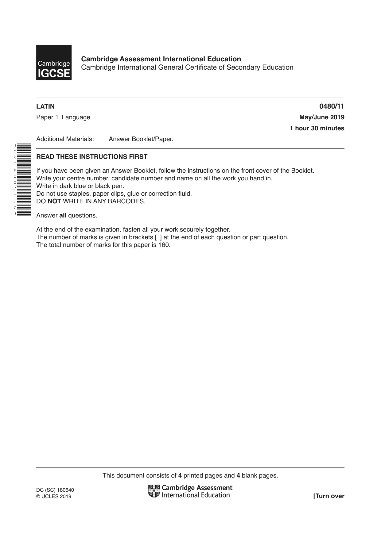 Cambridge IGCSE Latin 0480 2019 May/June Paper 1 · Variant 1 question paper, page 1 of 8