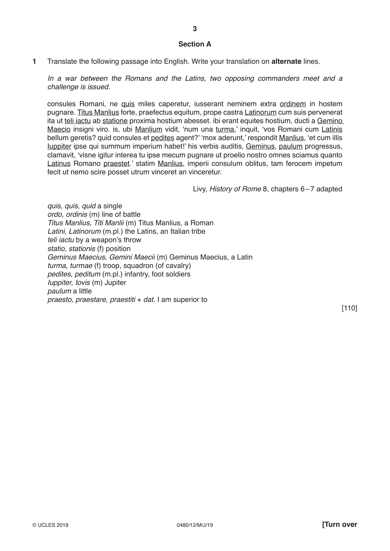 Cambridge IGCSE Latin 0480 2019 May/June Paper 1 · Variant 2 question paper, page 3 of 8