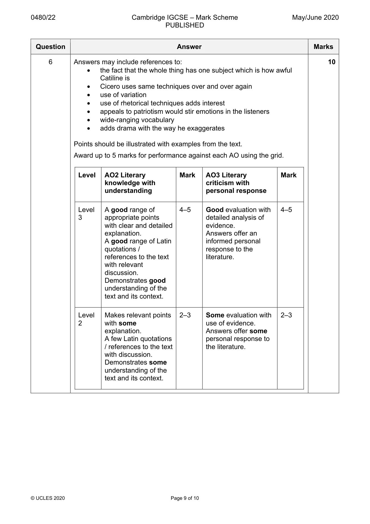 Mark scheme, page 9 of 10