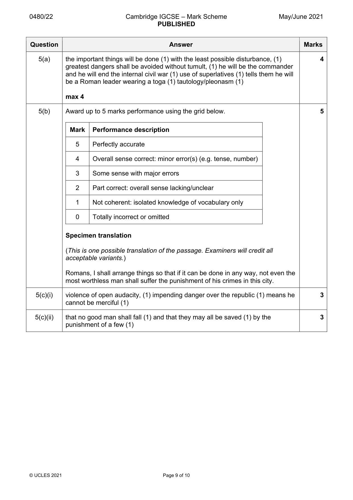 Mark scheme, page 9 of 10