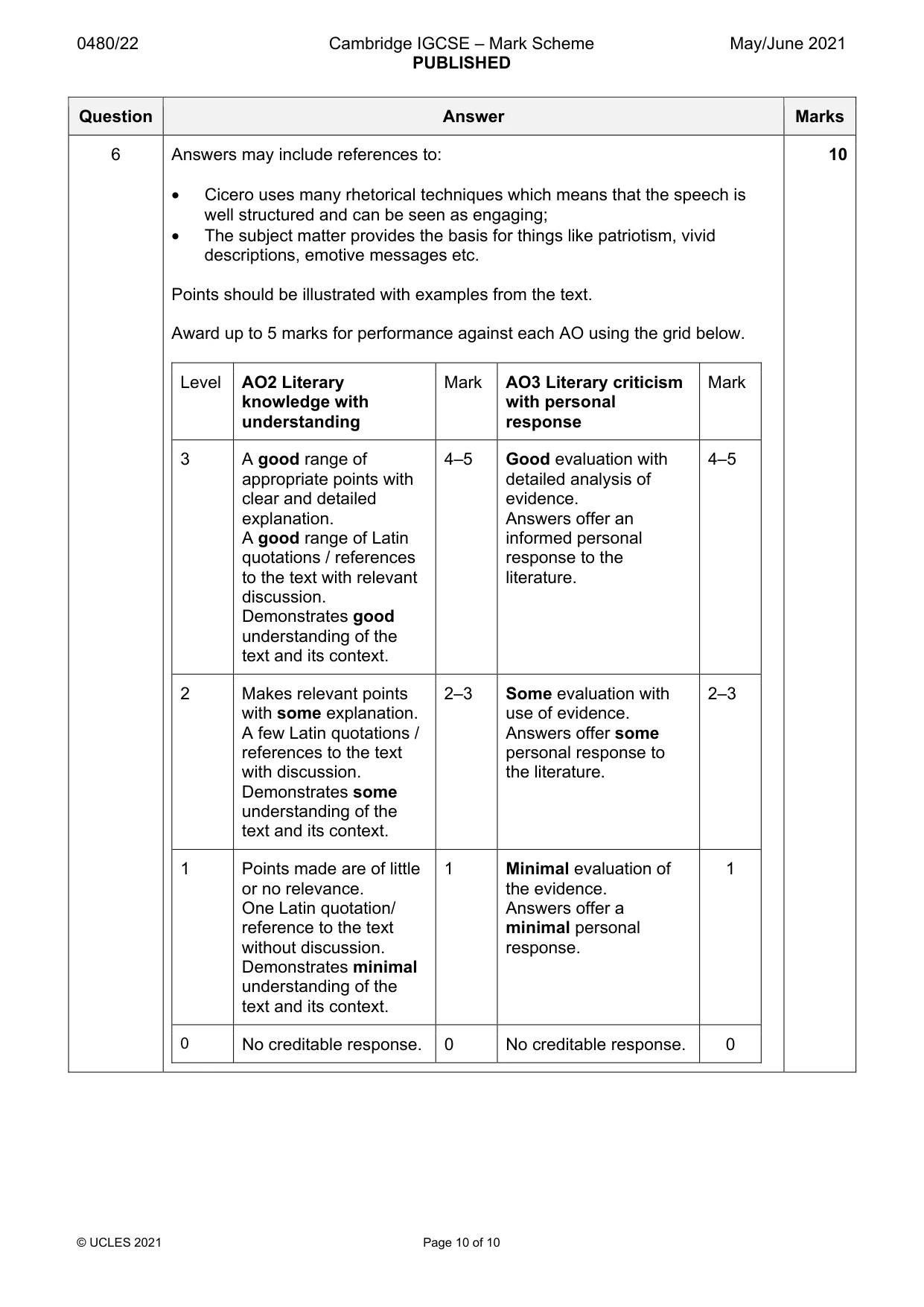 Mark scheme, page 10 of 10