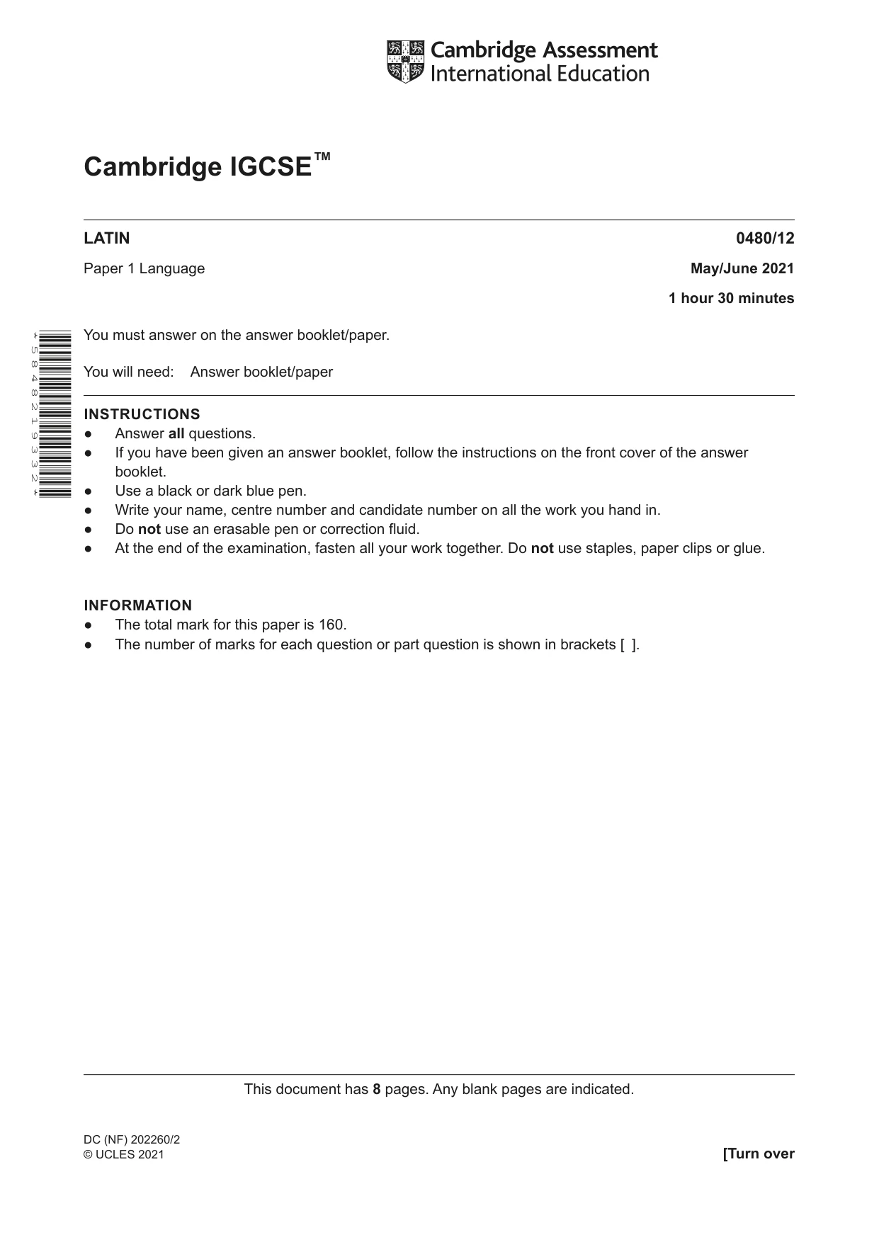 Cambridge IGCSE Latin 0480 2021 May/June Paper 1 · Variant 2 question paper, page 1 of 8
