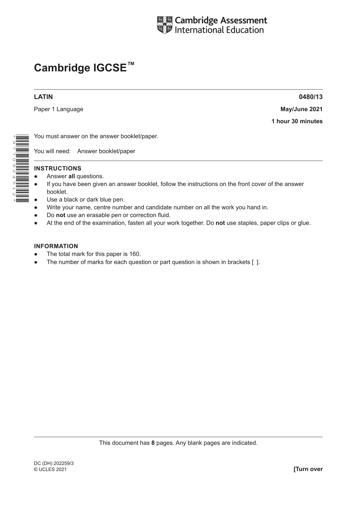 Cambridge IGCSE Latin 0480 2021 May/June Paper 1 · Variant 3 question paper, page 1 of 8