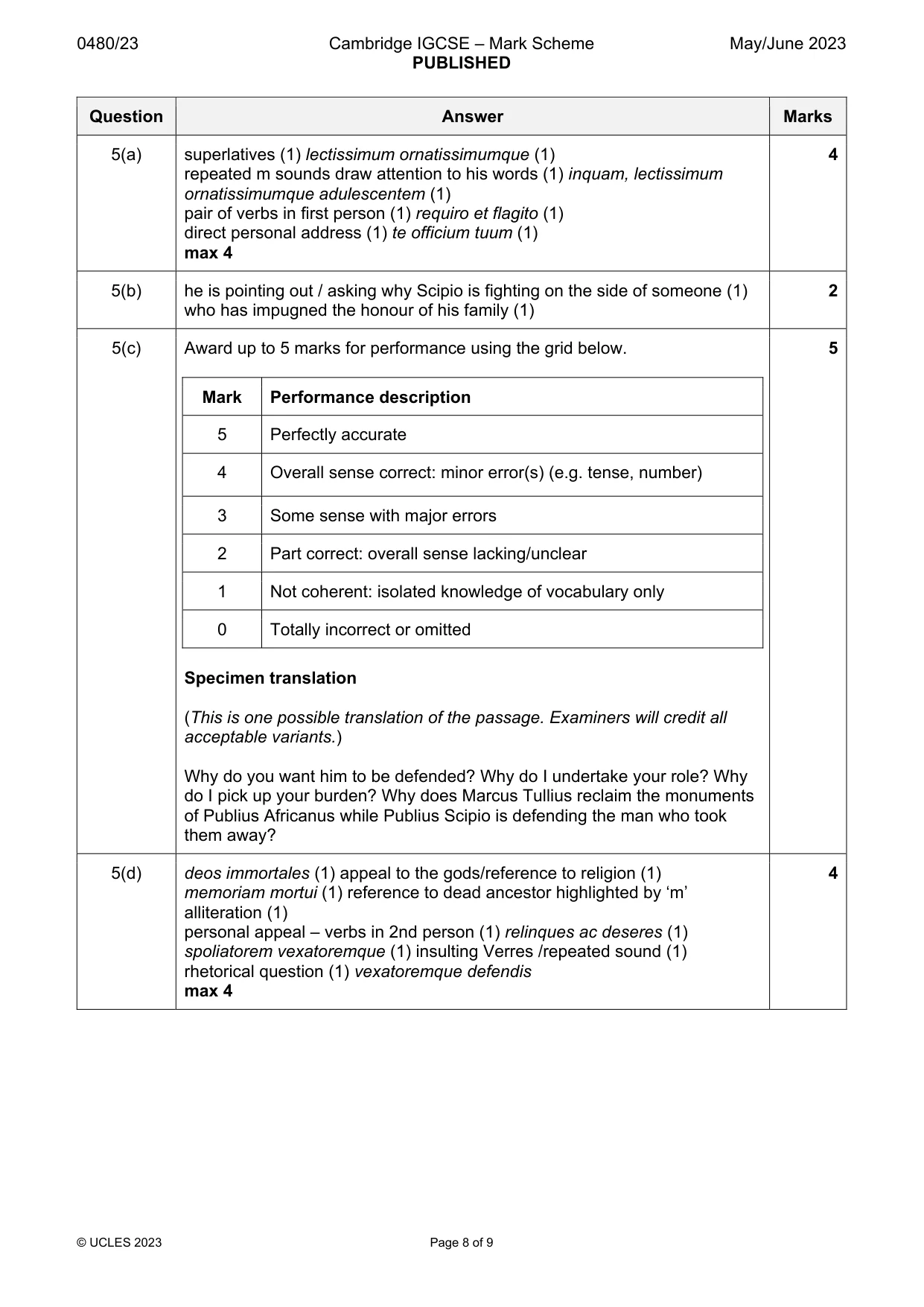 Mark scheme, page 8 of 9