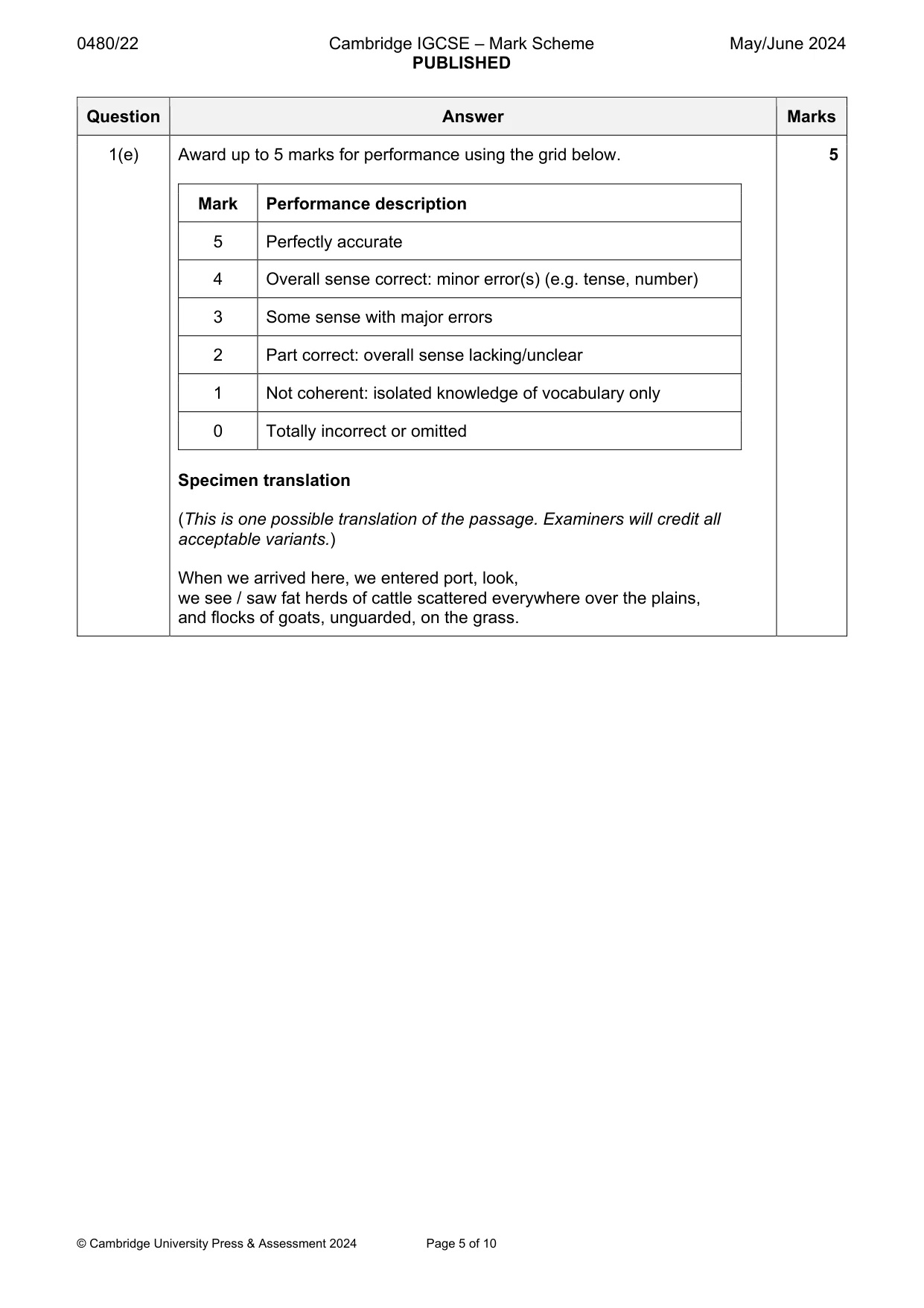 Mark scheme, page 5 of 10