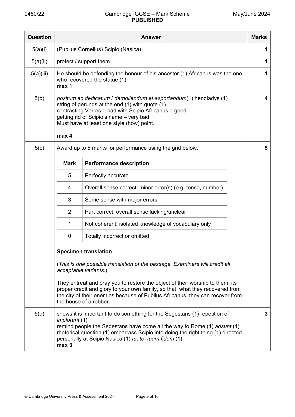 Mark scheme, page 9 of 10