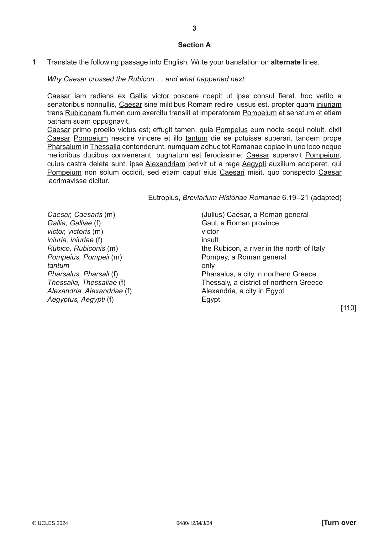 Cambridge IGCSE Latin 0480 2024 May/June Paper 1 · Variant 2 question paper, page 3 of 8