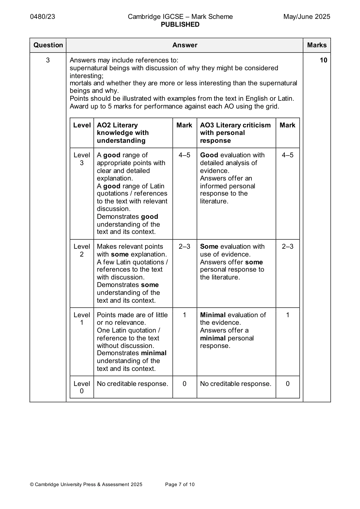 Mark scheme, page 7 of 10