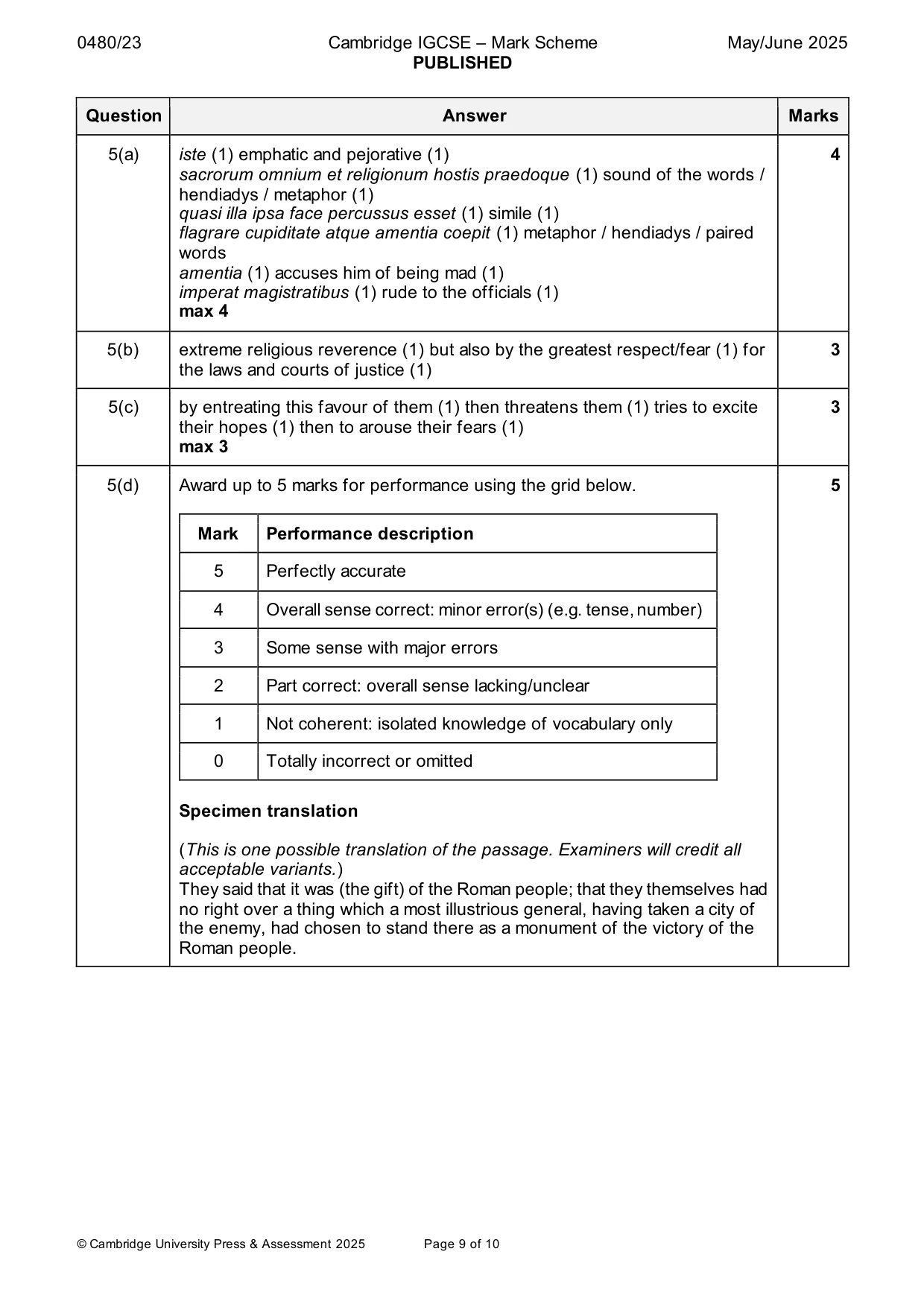Mark scheme, page 9 of 10