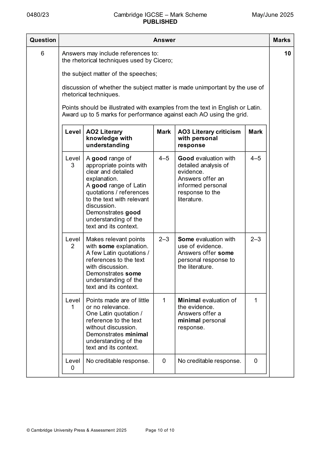 Mark scheme, page 10 of 10