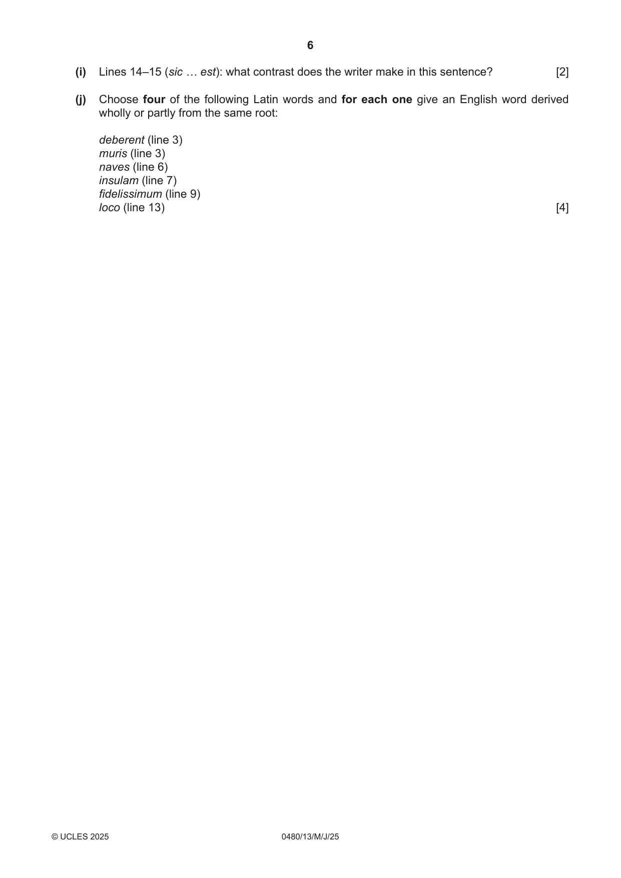 Cambridge IGCSE Latin 0480 2025 May/June Paper 1 · Variant 3 question paper, page 6 of 8