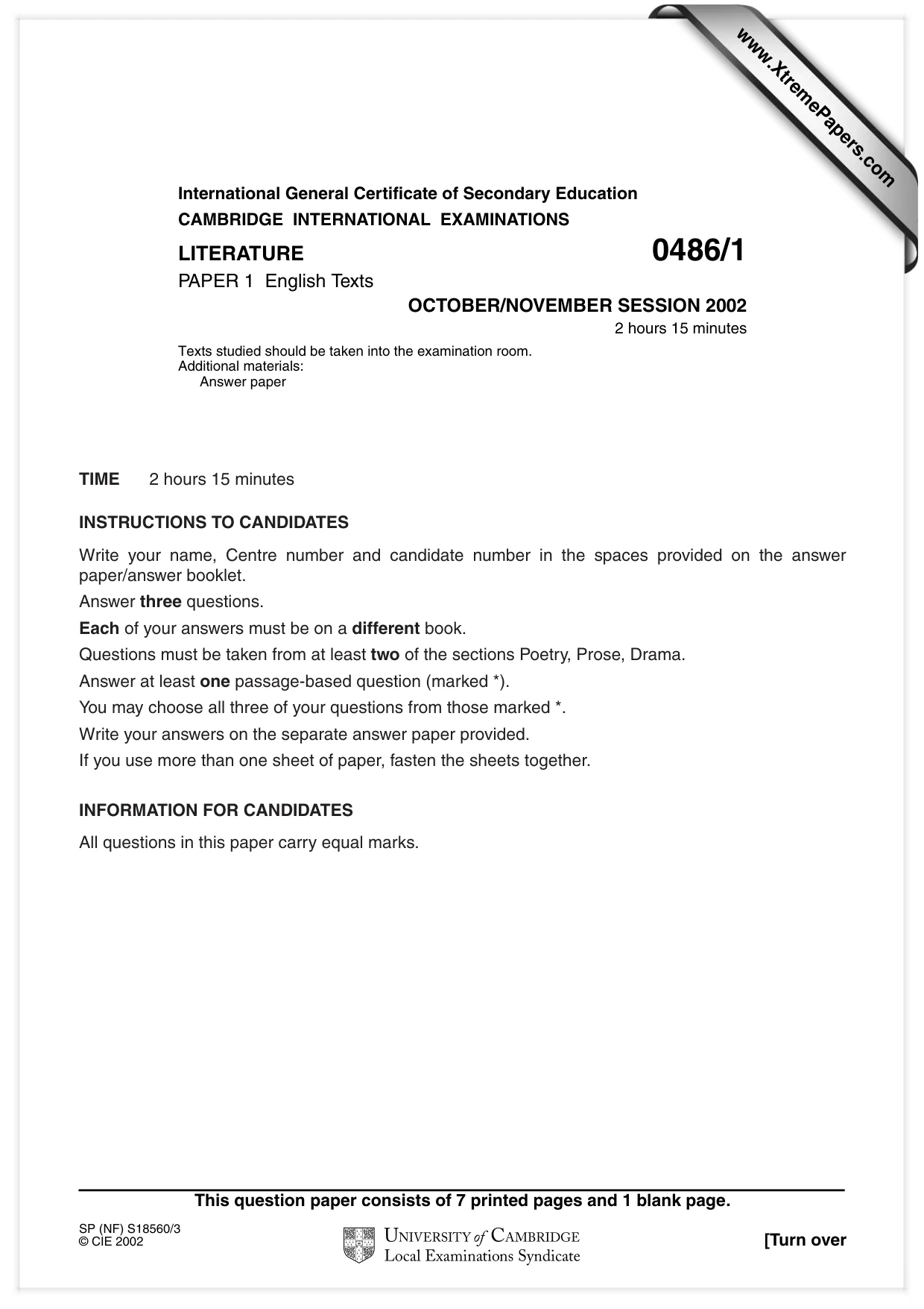 Cambridge IGCSE English - Literature 0486 2002 Oct/Nov Paper 1 · Variant 1 question paper, page 1 of 8