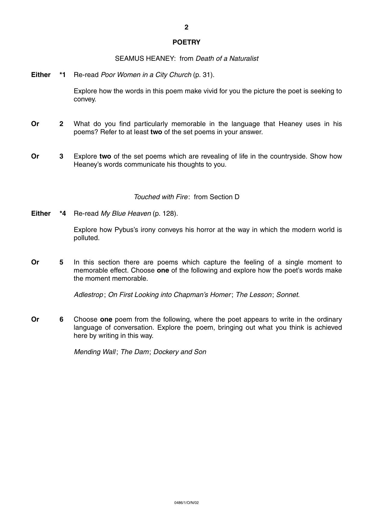 Cambridge IGCSE English - Literature 0486 2002 Oct/Nov Paper 1 · Variant 1 question paper, page 2 of 8