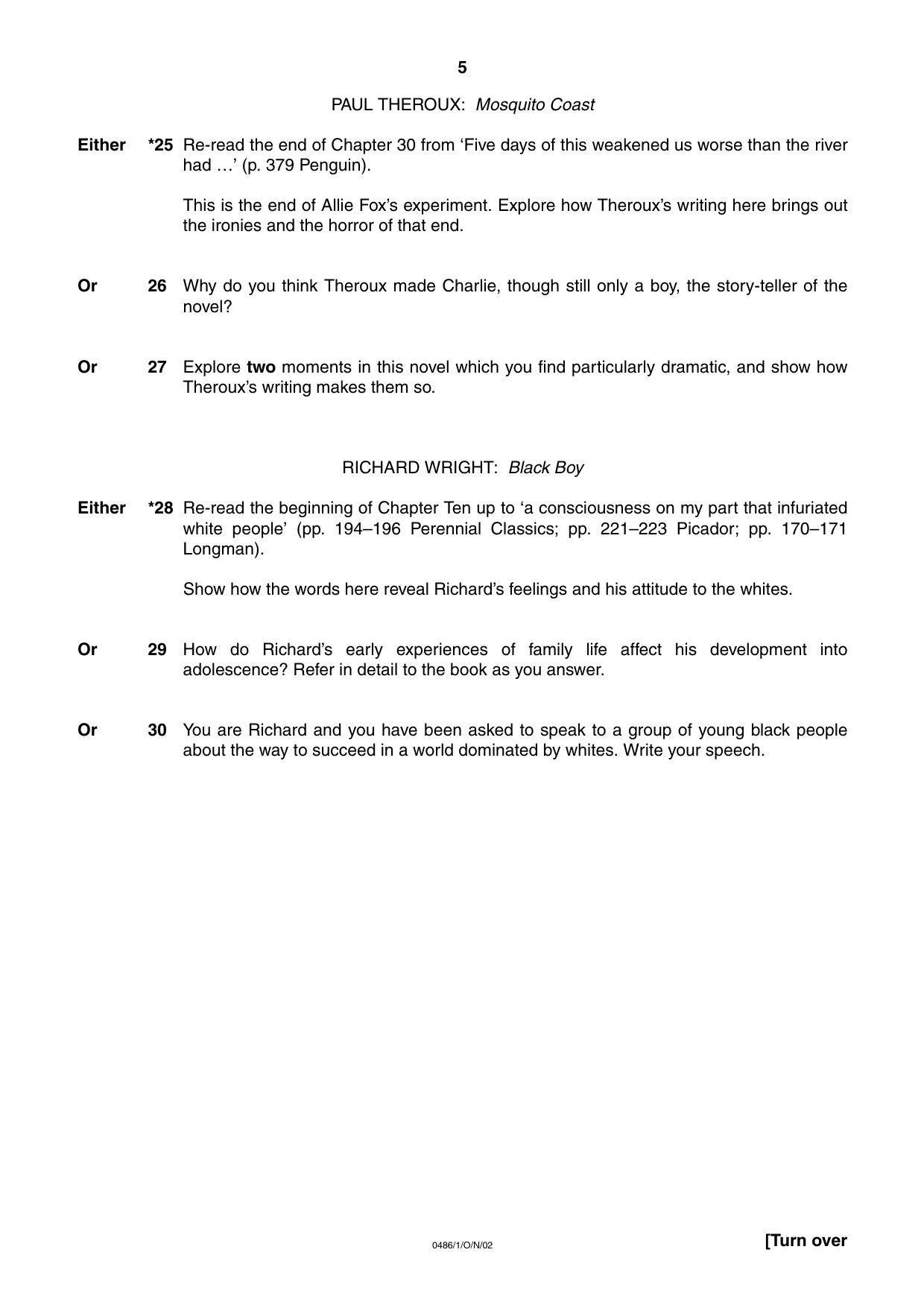 Cambridge IGCSE English - Literature 0486 2002 Oct/Nov Paper 1 · Variant 1 question paper, page 5 of 8