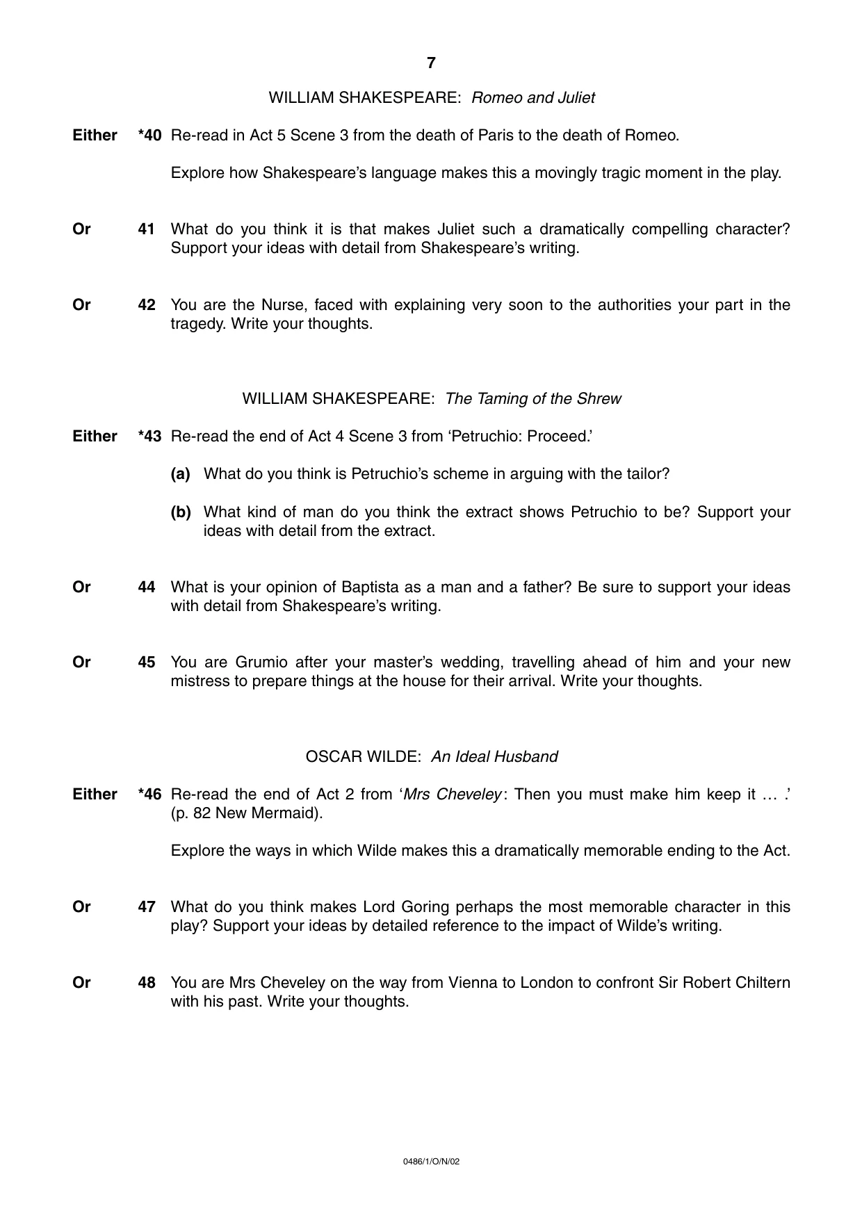 Cambridge IGCSE English - Literature 0486 2002 Oct/Nov Paper 1 · Variant 1 question paper, page 7 of 8