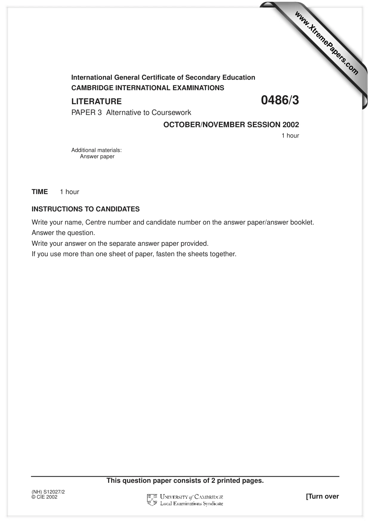 Cambridge IGCSE English - Literature 0486 2002 Oct/Nov Paper 3 · Variant 1 question paper, page 1 of 2