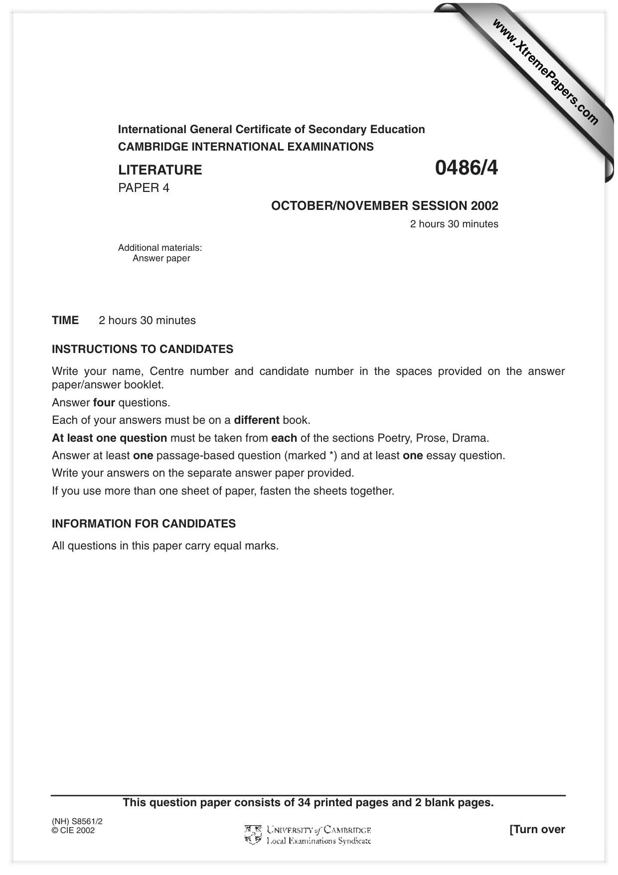Cambridge IGCSE English - Literature 0486 2002 Oct/Nov Paper 4 · Variant 1 question paper, page 1 of 36