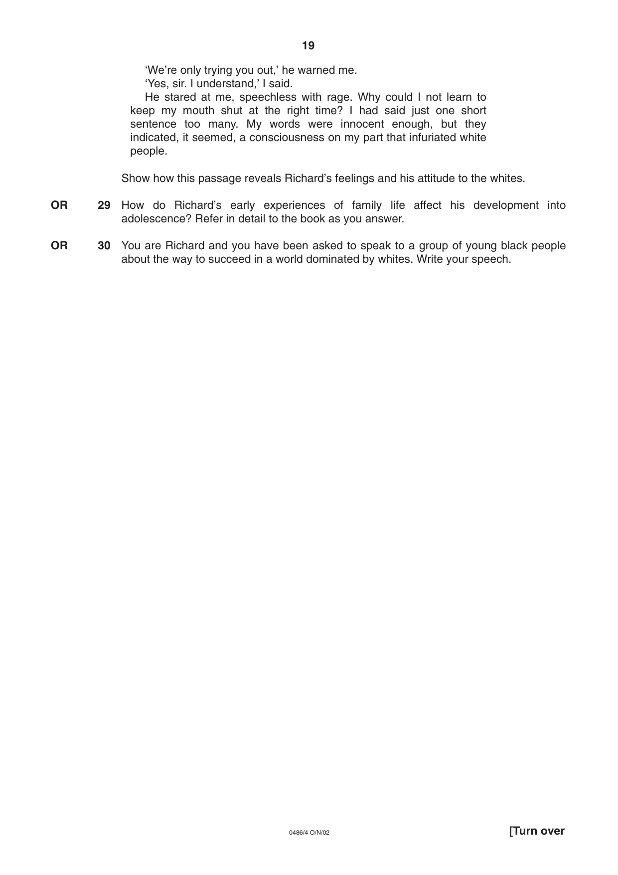 Cambridge IGCSE English - Literature 0486 2002 Oct/Nov Paper 4 · Variant 1 question paper, page 19 of 36