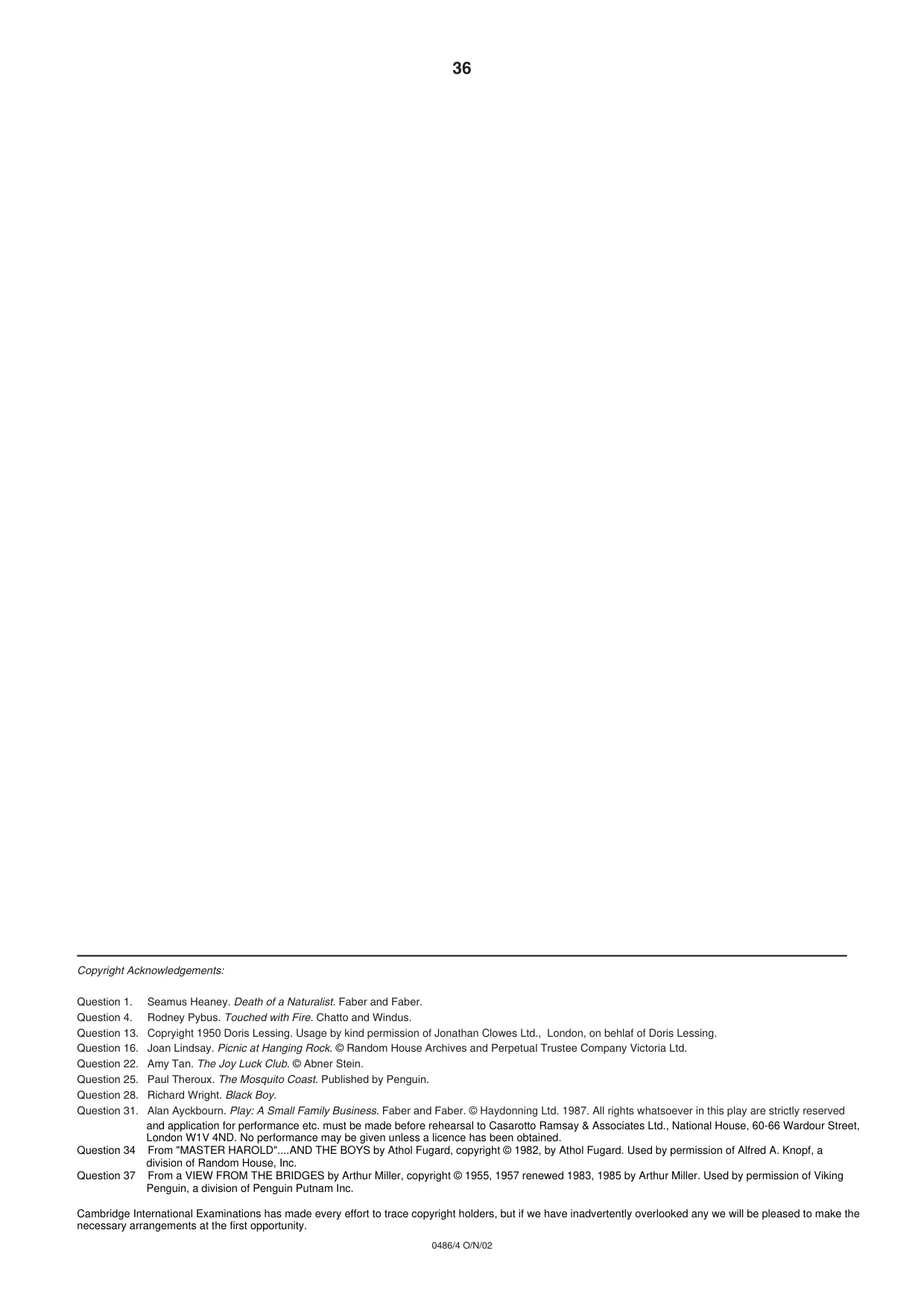 Cambridge IGCSE English - Literature 0486 2002 Oct/Nov Paper 4 · Variant 1 question paper, page 36 of 36