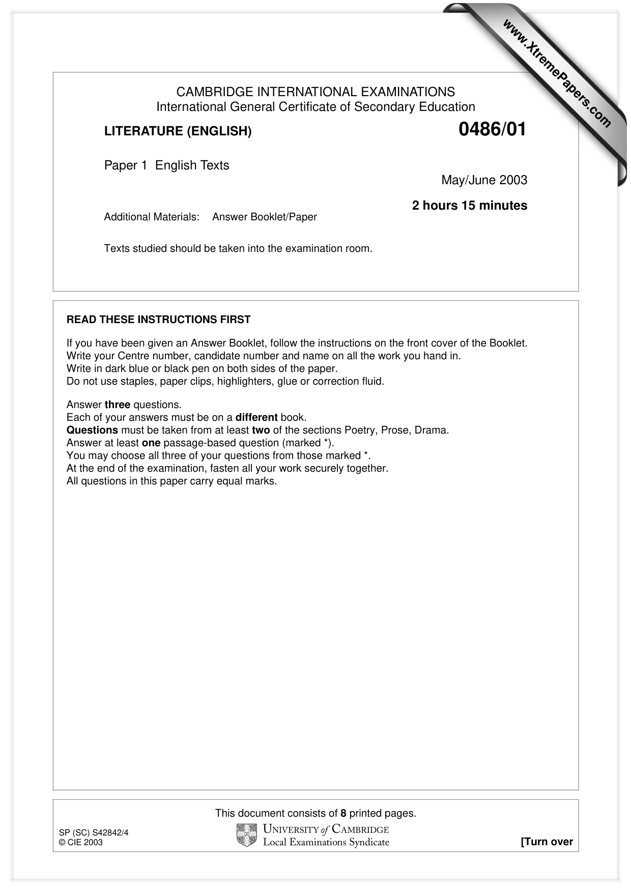 Cambridge IGCSE English - Literature 0486 2003 May/June Paper 1 · Variant 1 question paper, page 1 of 8