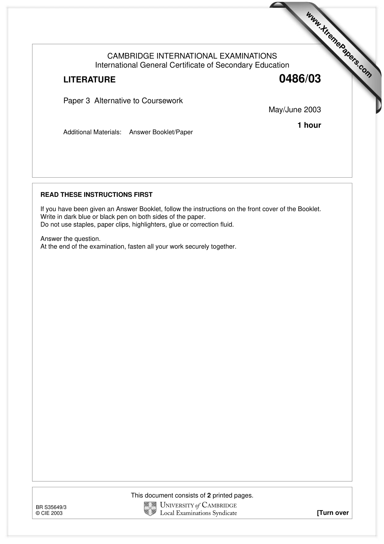 Cambridge IGCSE English - Literature 0486 2003 May/June Paper 3 · Variant 1 question paper, page 1 of 2