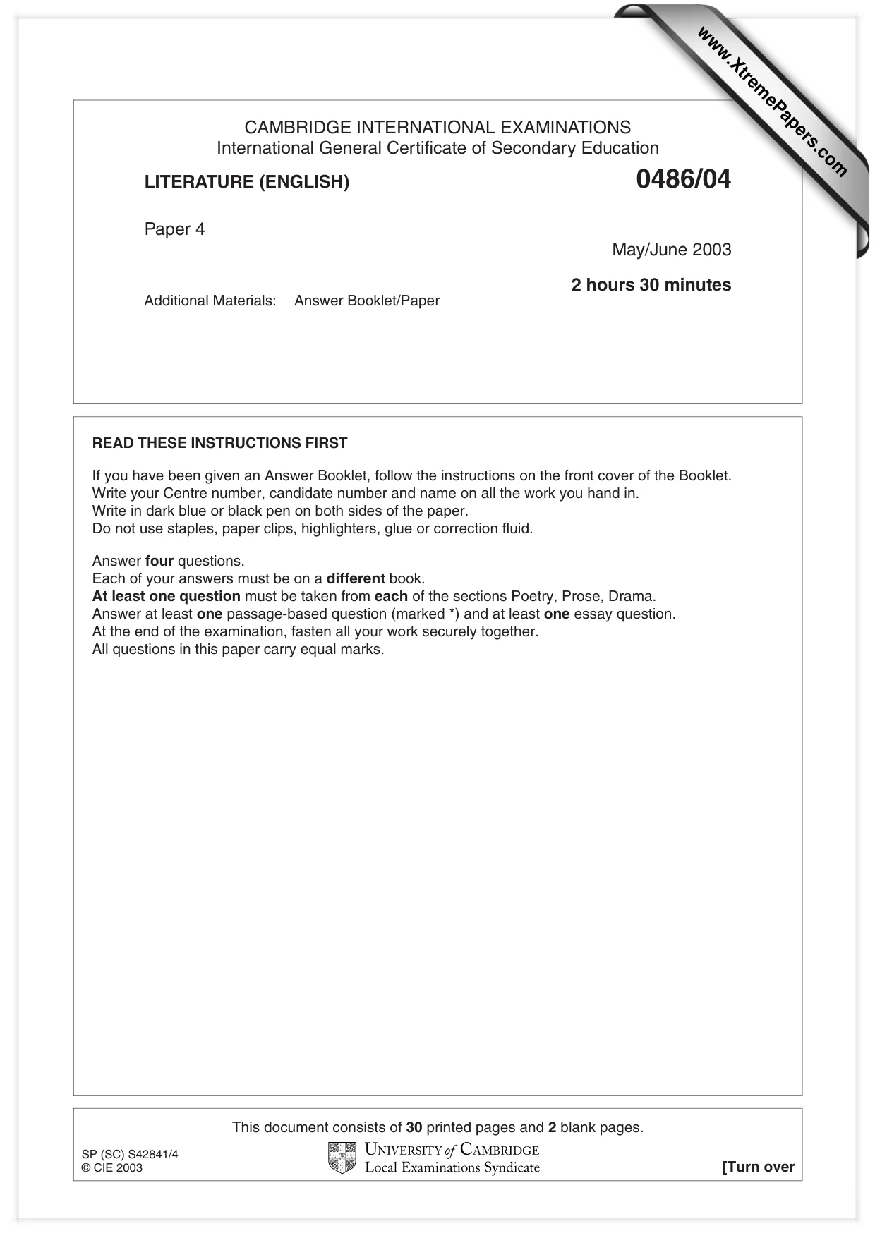 Cambridge IGCSE English - Literature 0486 2003 May/June Paper 4 · Variant 1 question paper, page 1 of 32
