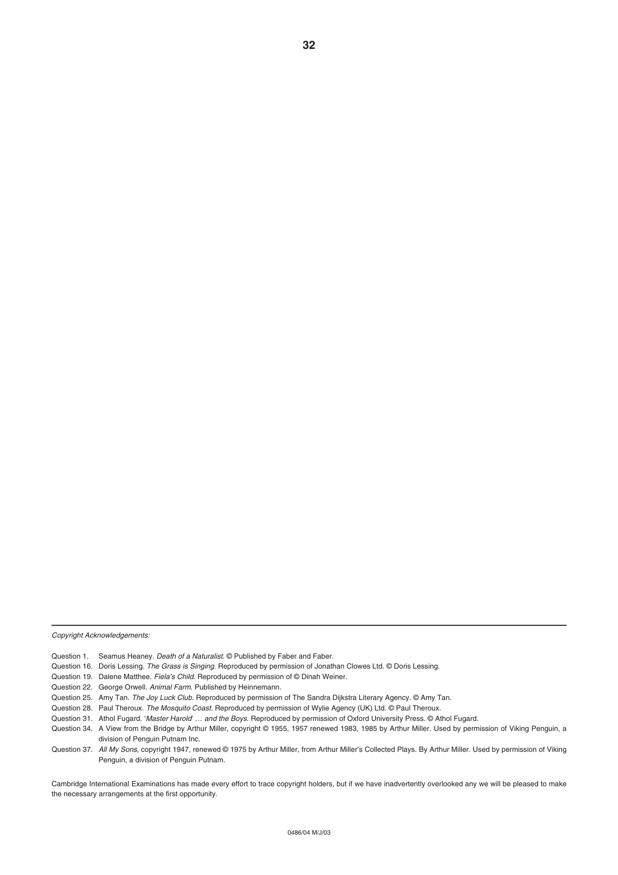Cambridge IGCSE English - Literature 0486 2003 May/June Paper 4 · Variant 1 question paper, page 32 of 32