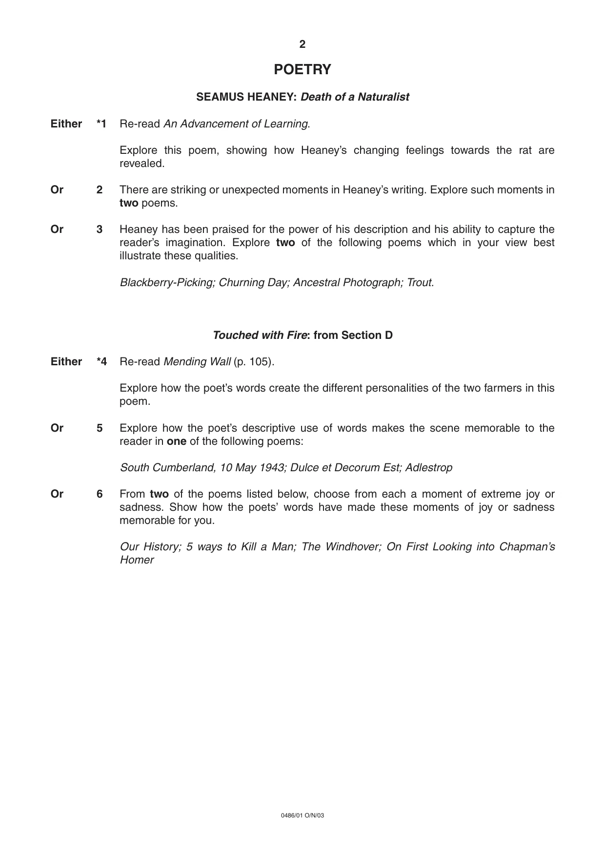 Cambridge IGCSE English - Literature 0486 2003 Oct/Nov Paper 1 · Variant 1 question paper, page 2 of 8