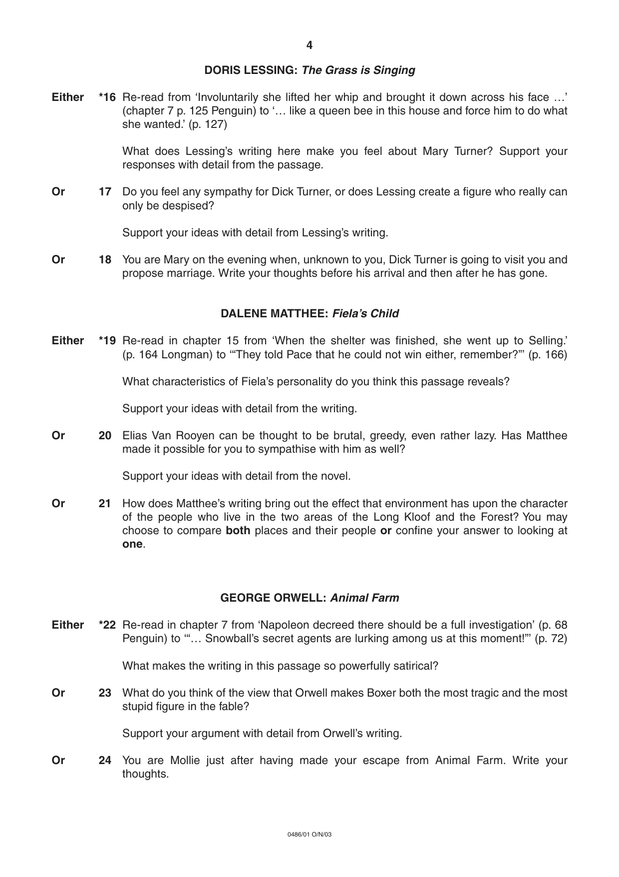 Cambridge IGCSE English - Literature 0486 2003 Oct/Nov Paper 1 · Variant 1 question paper, page 4 of 8