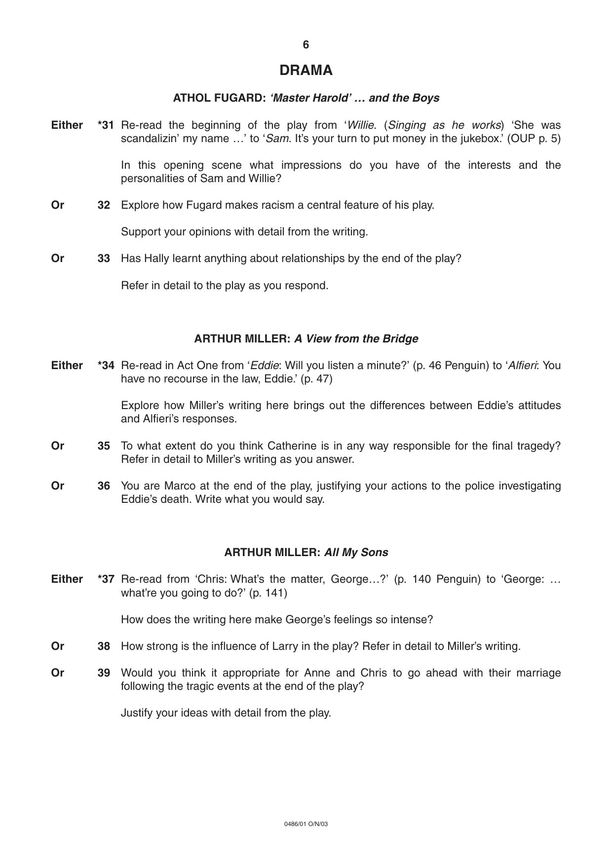 Cambridge IGCSE English - Literature 0486 2003 Oct/Nov Paper 1 · Variant 1 question paper, page 6 of 8