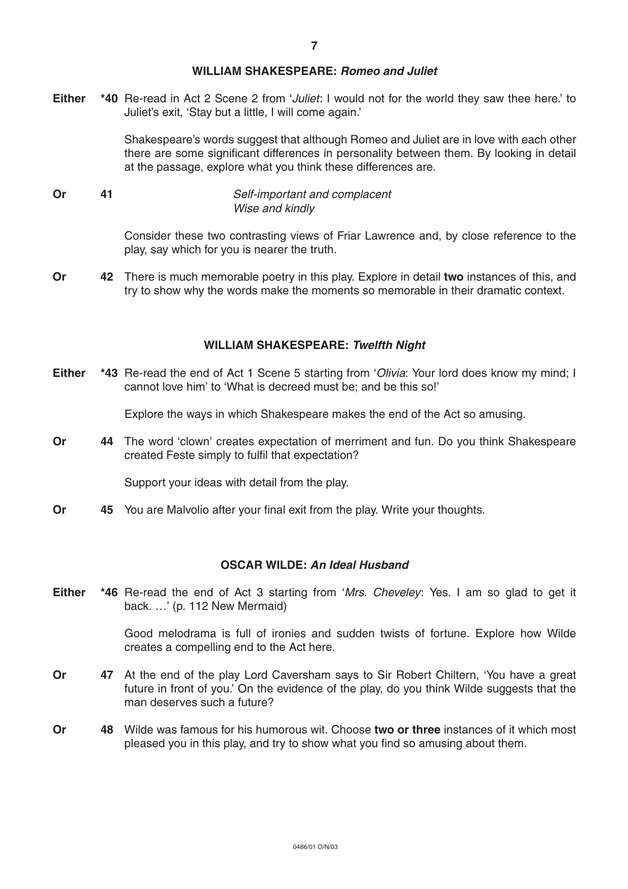 Cambridge IGCSE English - Literature 0486 2003 Oct/Nov Paper 1 · Variant 1 question paper, page 7 of 8