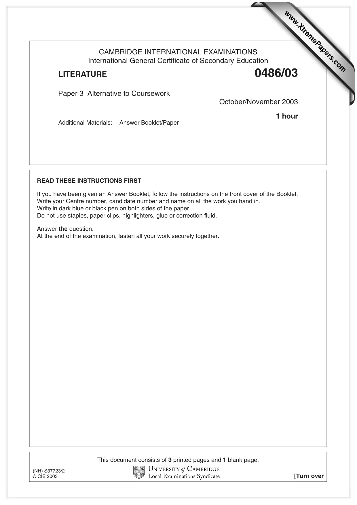 Cambridge IGCSE English - Literature 0486 2003 Oct/Nov Paper 3 · Variant 1 question paper, page 1 of 4