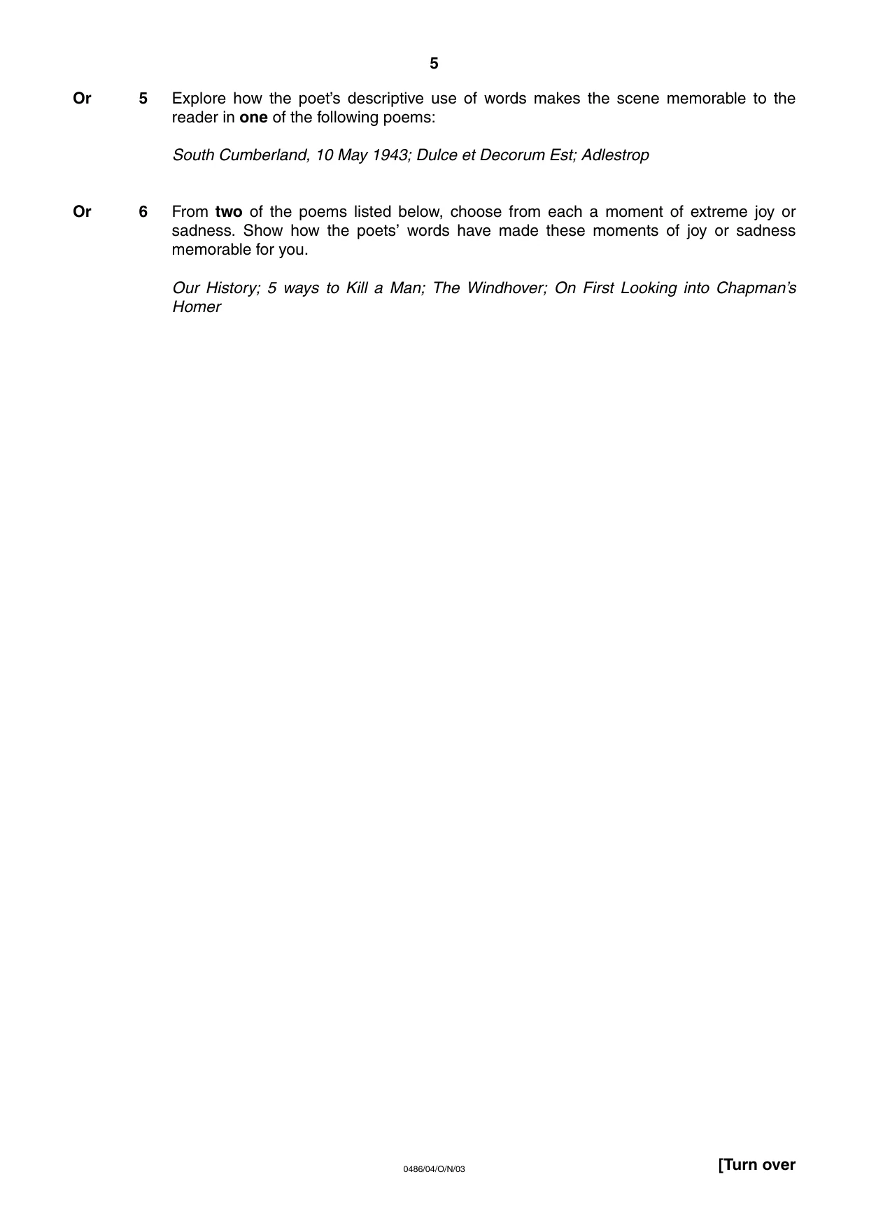 Cambridge IGCSE English - Literature 0486 2003 Oct/Nov Paper 4 · Variant 1 question paper, page 5 of 34
