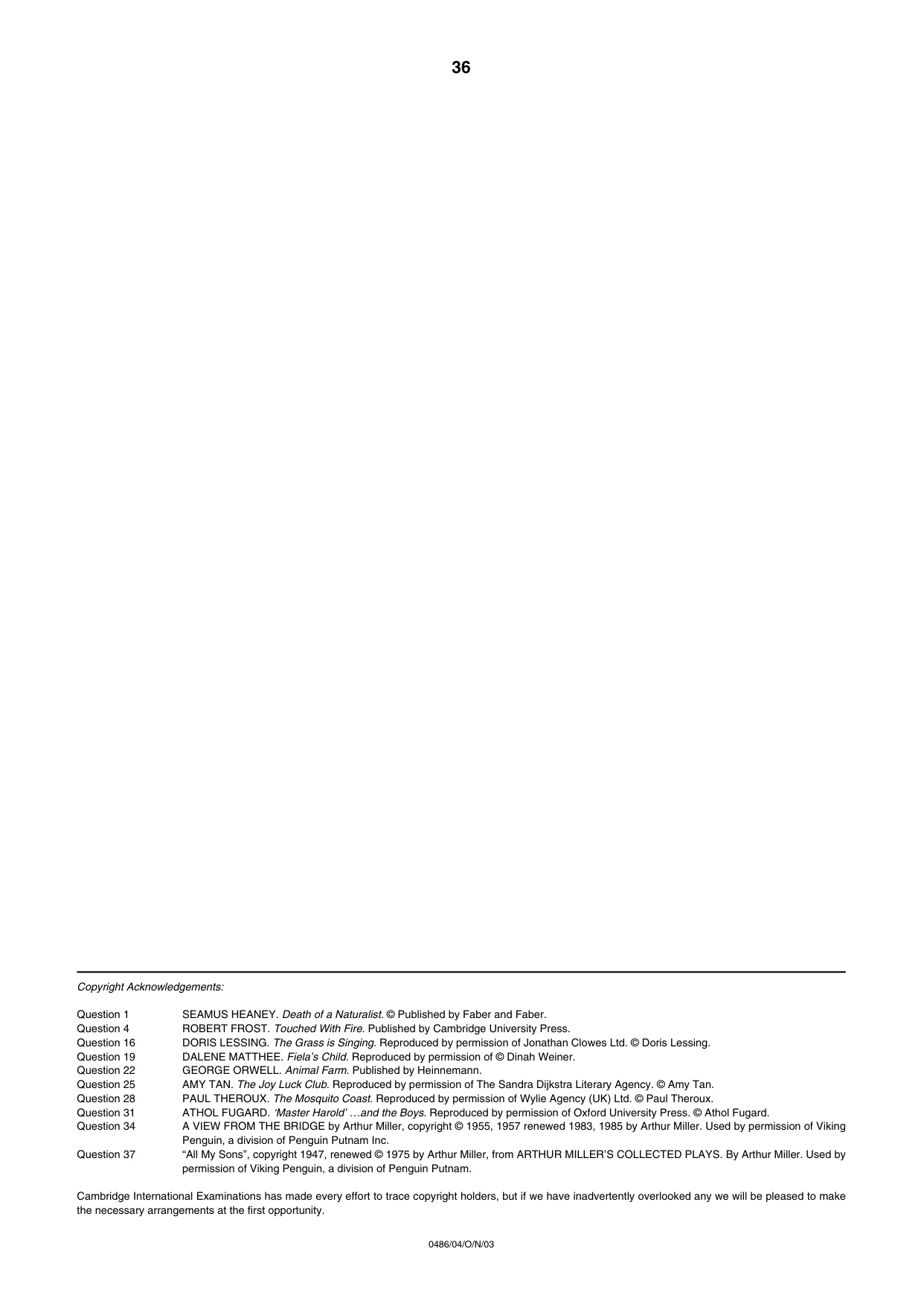 Cambridge IGCSE English - Literature 0486 2003 Oct/Nov Paper 4 · Variant 1 question paper, page 34 of 34