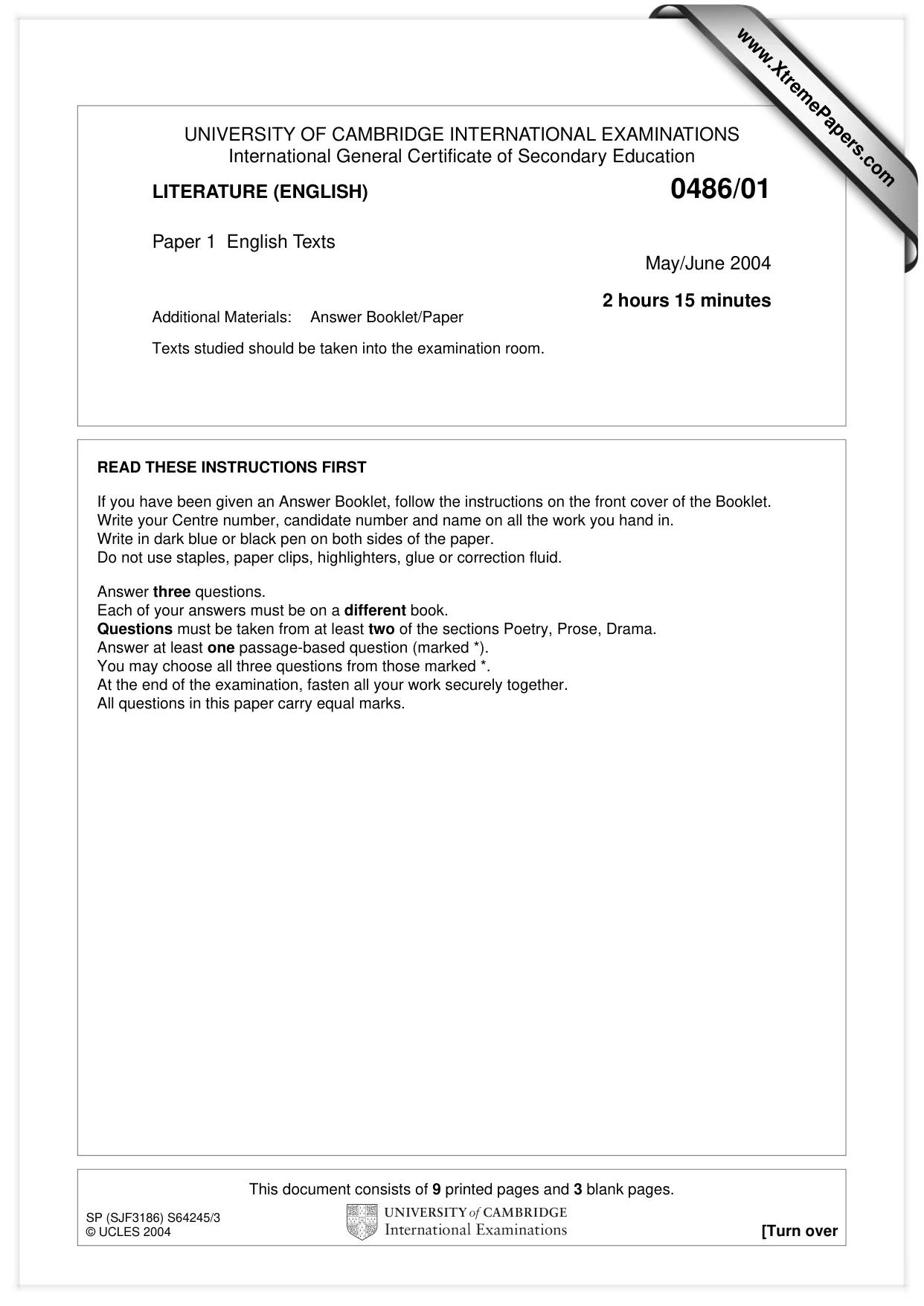 Cambridge IGCSE English - Literature 0486 2004 May/June Paper 1 · Variant 1 question paper, page 1 of 12