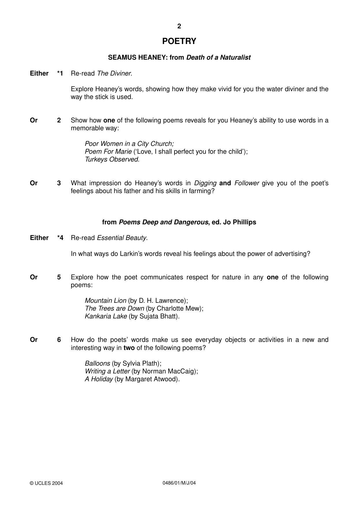 Cambridge IGCSE English - Literature 0486 2004 May/June Paper 1 · Variant 1 question paper, page 2 of 12