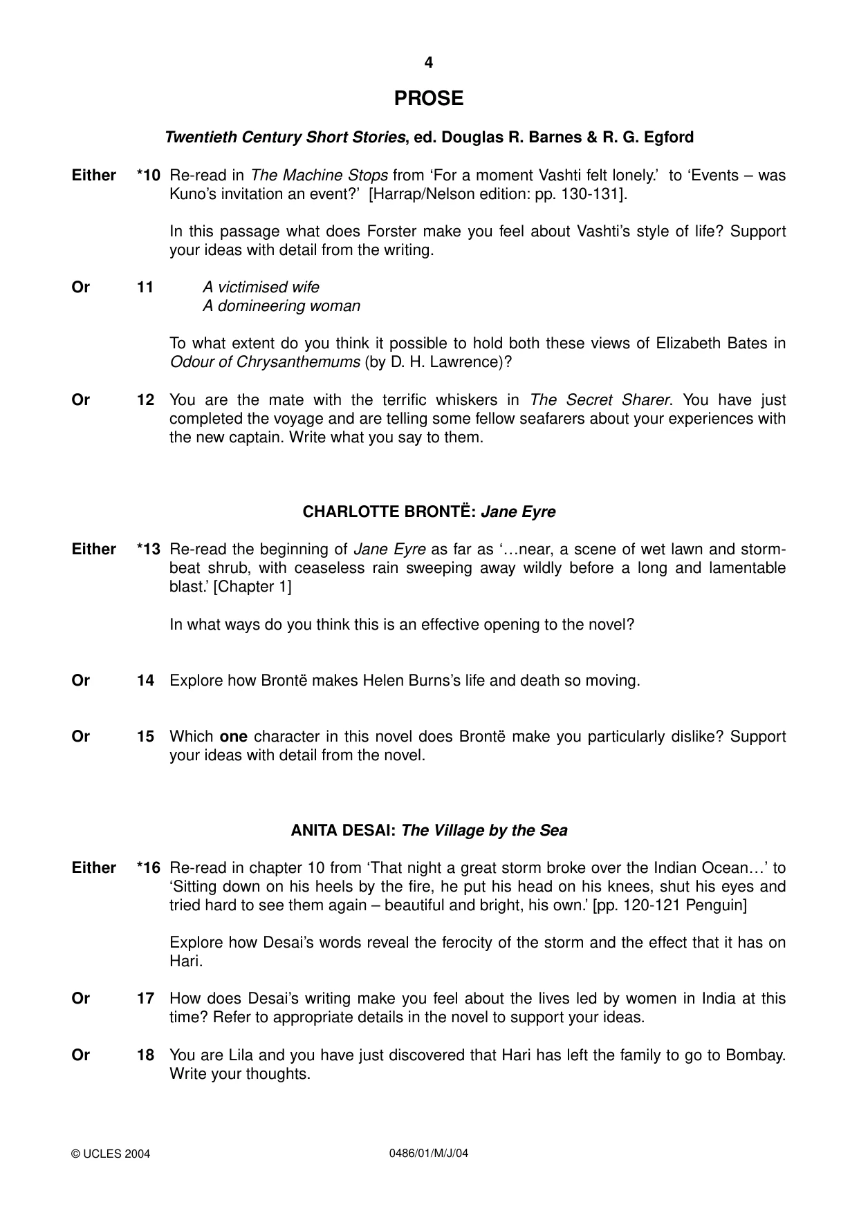 Cambridge IGCSE English - Literature 0486 2004 May/June Paper 1 · Variant 1 question paper, page 4 of 12