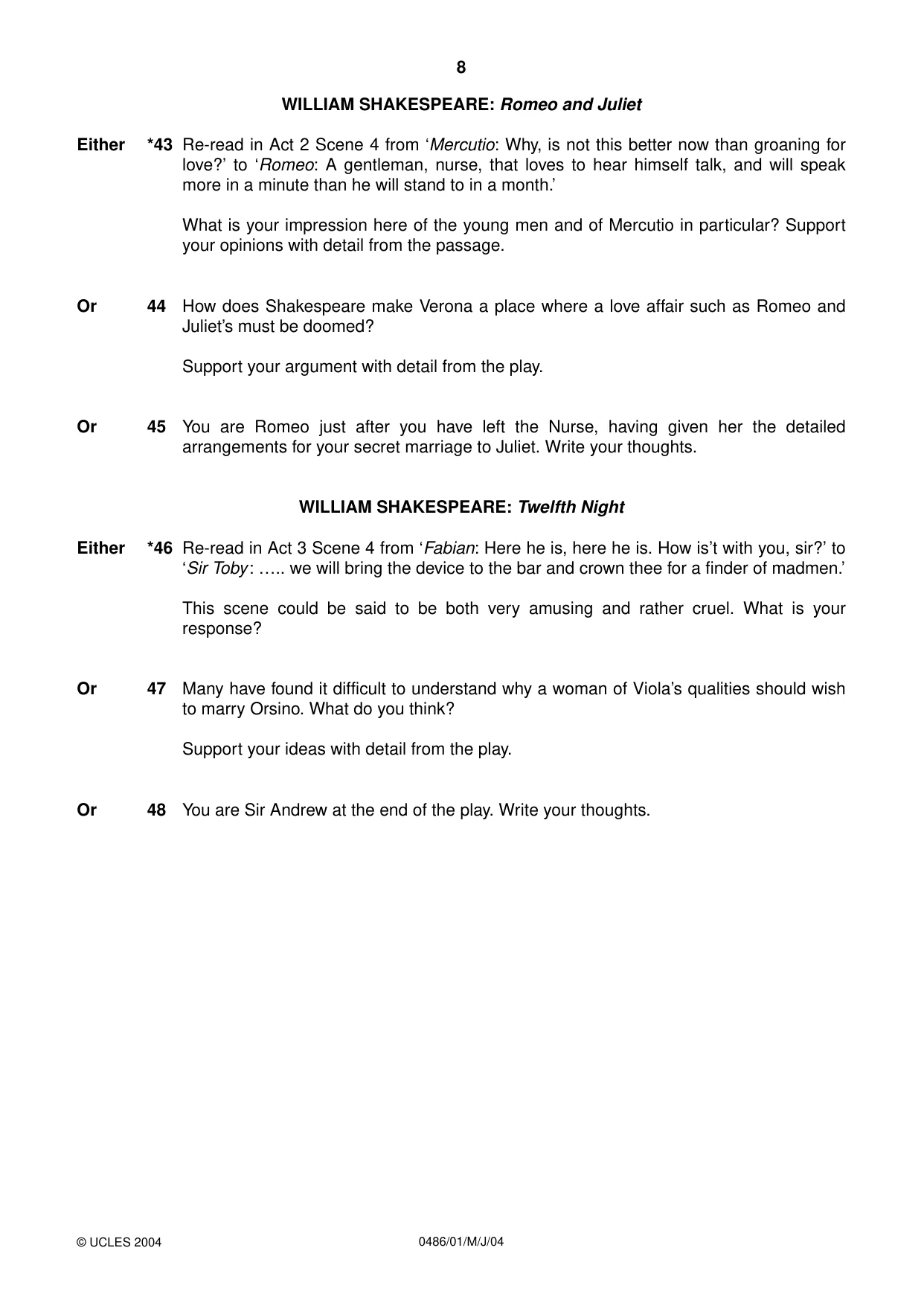 Cambridge IGCSE English - Literature 0486 2004 May/June Paper 1 · Variant 1 question paper, page 8 of 12