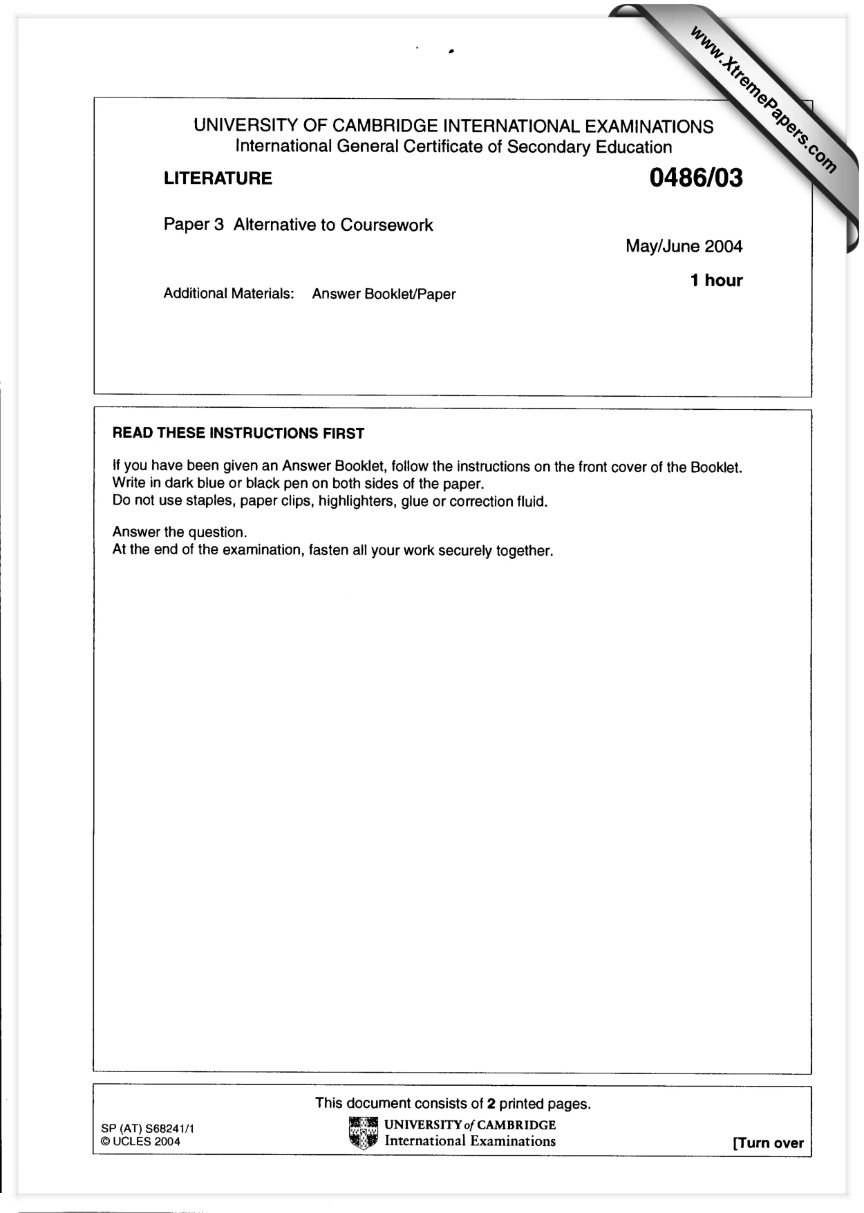 Cambridge IGCSE English - Literature 0486 2004 May/June Paper 3 · Variant 1 question paper, page 1 of 2