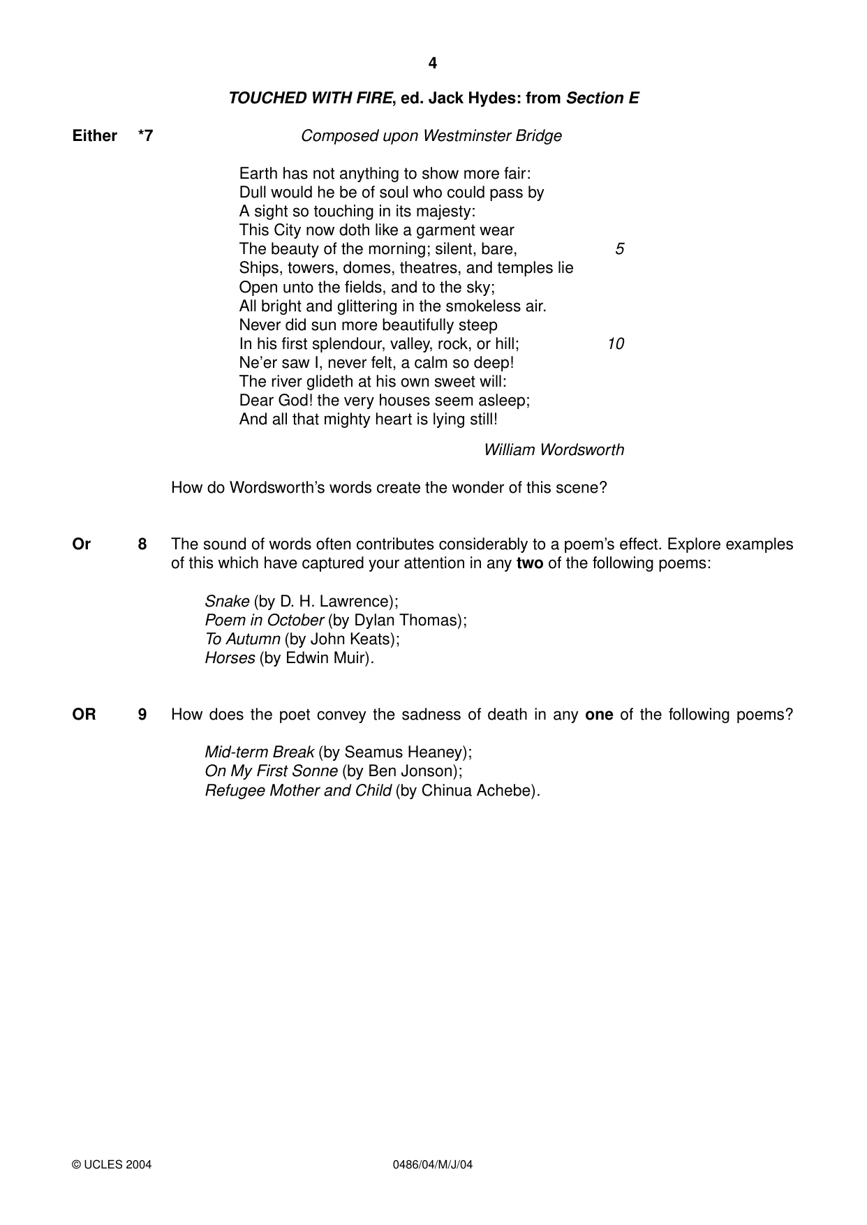Cambridge IGCSE English - Literature 0486 2004 May/June Paper 4 · Variant 1 question paper, page 4 of 36