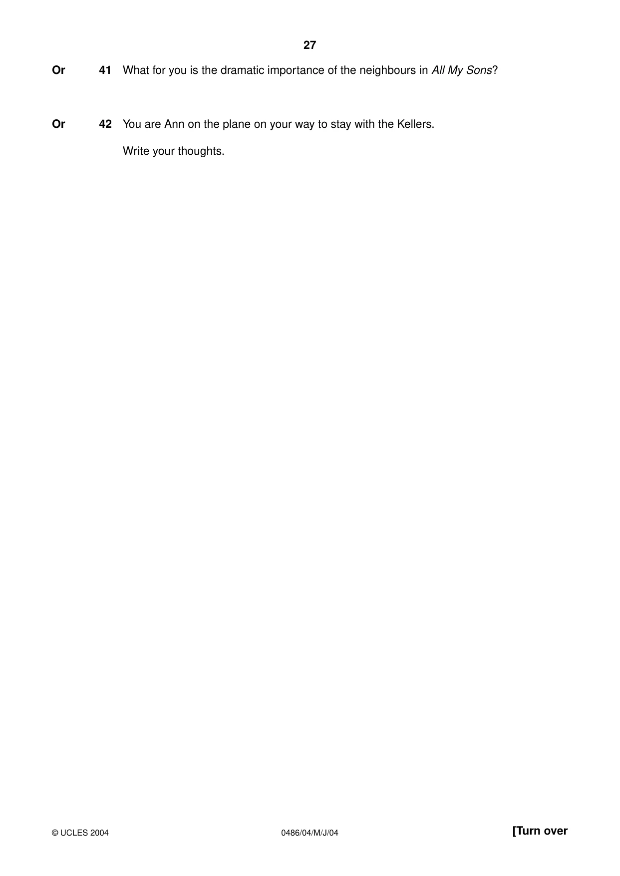 Cambridge IGCSE English - Literature 0486 2004 May/June Paper 4 · Variant 1 question paper, page 27 of 36