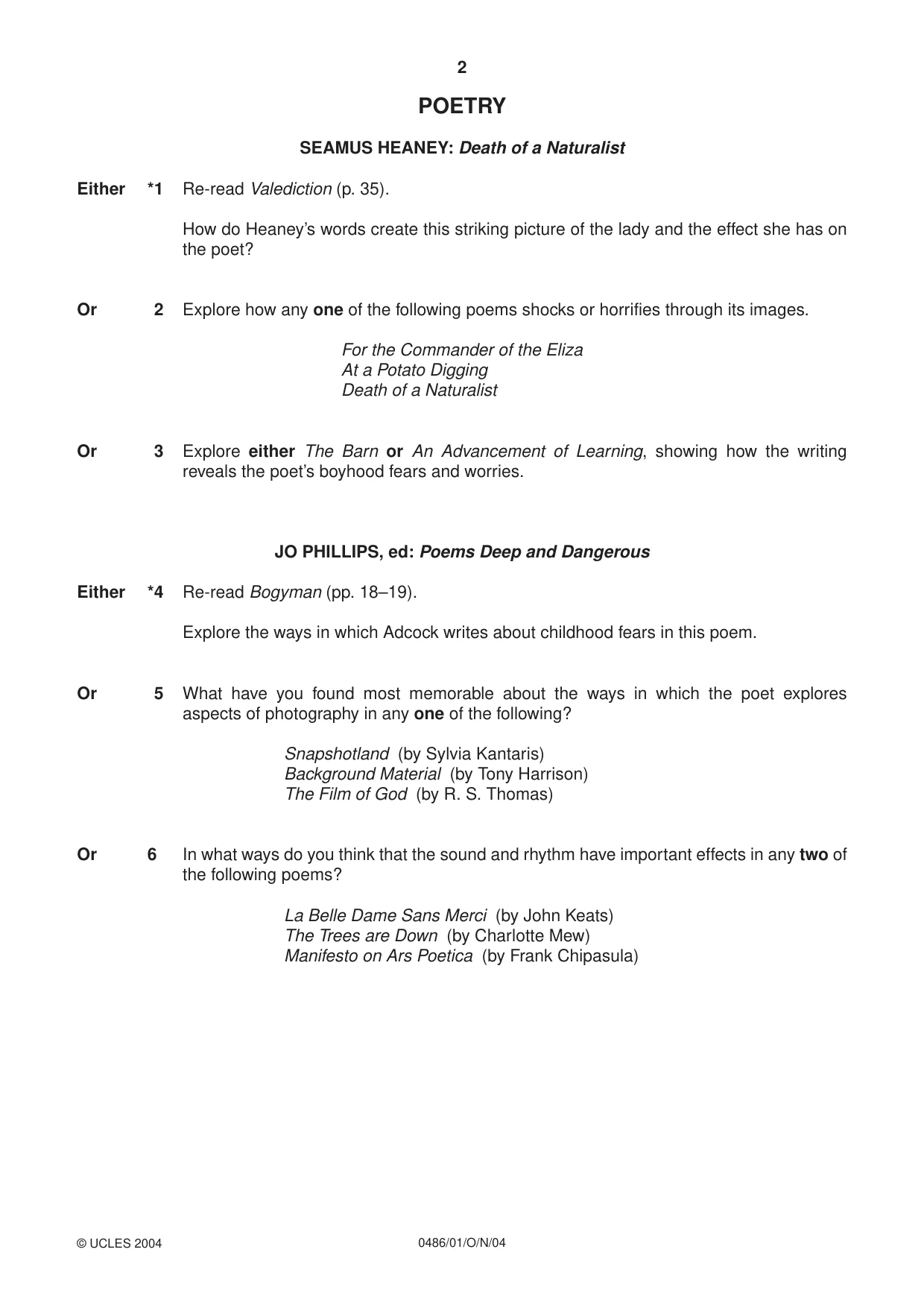 Cambridge IGCSE English - Literature 0486 2004 Oct/Nov Paper 1 · Variant 1 question paper, page 2 of 8