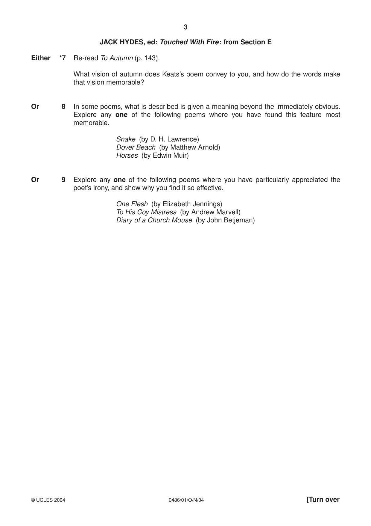 Cambridge IGCSE English - Literature 0486 2004 Oct/Nov Paper 1 · Variant 1 question paper, page 3 of 8